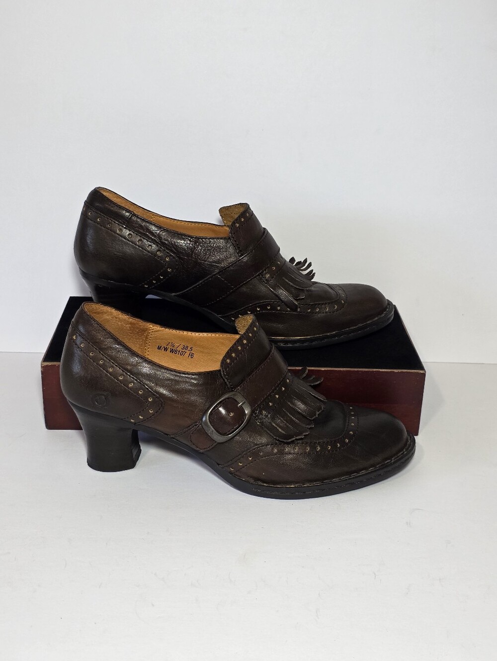 Born Leather Kiltie Fringe Victorian Heeled Loafers Dark Brown 7.5 M 38.5